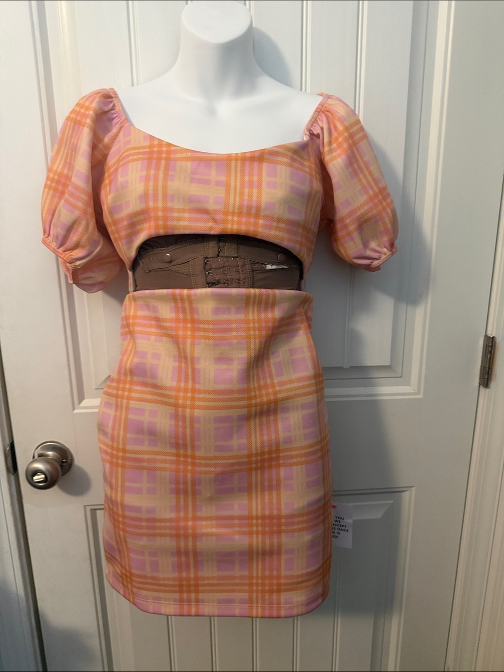 ASOS Plaid Pink & Orange Puff Sleeve Pleated Cut Out Mini Dress size 8